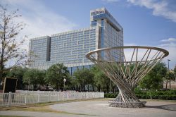 La scultura Mist Tree al Discovery Green Park di Houston, Texas: è stata realizzata da D.Hollis e donata da Fayez Sarofim. Sullo sfondo, l' Hilton Hotel - © goodcat / Shutterstock.com ...