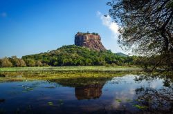 La Sigiriya Rock Fortress vista dal lago di Sigiriya, nei pressi di Dambulla, nel Cultural Triangle dello Sri Lanka.