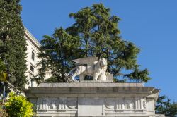 La statua del Leone Veneziano in piazza Libertà a Udine, Friuli Venezia Giulia. Nella parte rialzata del terrapieno sorge, fra i vari monumenti, anche la colonna del 1539 su cui si erge ...