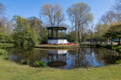 Laghetto in un parco di Haarlem, Olanda, con tulipani colorati sullo sfondo.
