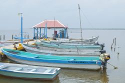 Le barche a motore colorate dei pescatori nell'acqua calma della Chetumal Bay, Messico.

