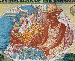L'effigie di Sister Sarah su una banconota da mezzo dollaro (del 2001) allo Straw Market di Nassau, Bahamas. Secondo alcune fonti sorella Sarah sarebbe stata un personaggio famoso degli ...
