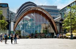 Lo Sheffield Winter Garden visto da Piazza Tudor, Yorkshire, Inghilterra. Si tratta di una delle più grandi serre temperate costruite in Inghilterra: al suo interno accoglie più ...