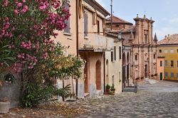 Città di Longiano con oleandri fioriti, Emilia Romagna, Italia. Una delle strade lastricate del borgo su cui si affacciano le abitazioni e la chiesa parrocchiale. A impreziosire il paesaggio ...