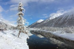 Magnifico paesaggio invernale in Engadina nei pressi di Samedan, Canton dei Grigioni (Svizzera)