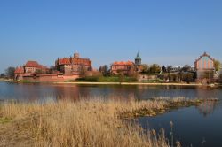 Malbork, Pomerania (Polonia): una veduta d'insieme del castello e di alcuni edifici più moderni al suo fianco lungo il fiume Nogat, che poco più avanti, nel suo corso, segna ...