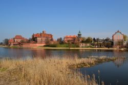 Malbork, Pomerania (Polonia): una veduta d'insieme del castello e di alcuni edifici più moderni al suo fianco lungo il fiume Nogat, che poco più avanti, nel suo corso, segna ...