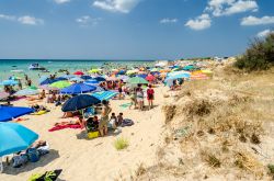 Marina di Pescoluse (Puglia) in alta stagione: le dune di sabbia e la spiaggia, chiamata come le Maldive del Salento, accolgono moltissimi bagnanti in agosto, turisti e locali che desiderano ...