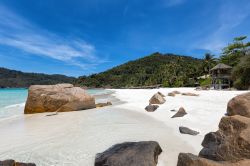 Massi su una spiaggia tropicale di Palau Redang, Malesia. Quest'isola è una delle preferite dai turisti che si recano in vacanza in Malesia per via del suo mare con acqua trasparente ...