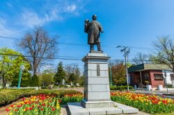 Il monumento a Nagayama Takeshiro in un'aiuola di tulipani al parco Tokiwa, Asahikawa, Giappone - © Suchart Boonyavech / Shutterstock.com