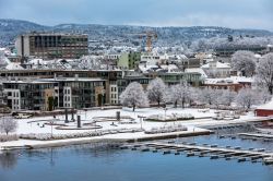 L'Otterdals Park ricoperto di neve a Kristiansand, Norvegia. La bella fontana d'acqua del porto fu creata dall'artista Kjell Nupen. - © Lillian Tveit / Shutterstock.com