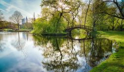 Paesaggio bucolico al Johanna Park di Lipsia, Germania, con un grazioso ponte e il lago. Sullo sfondo, la City-Hochhaus e la torre del Municipio.
