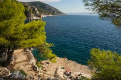 Paesaggio e spiaggia vicino a Scala, isola di Angistri, Grecia. Qui si trova uno dei più suggestivi litorali dell'isola: è un nastro sabbioso che orla l'intero abitato ...