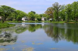 Paesaggio estivo del lago Mendota a Tenney Park, Madison, Wisconsin, Stati Uniti d'America.


