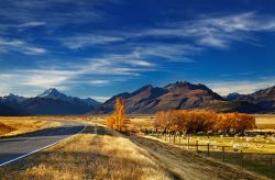 Il paesaggio autunnale del Canterbury: siamo nelle pianure a ridosso delle Alpi. dove si trovano grandi fattorie dedicate all'allevamento di ovini e bovini, nell'Isola del Sud in Nuova ...