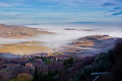 Paesaggio toscano immerso nella nebbia a Montepulciano, Toscana, Italia.

