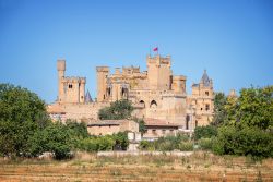Panorama del castello medievale di Olite, Navarra, Spagna. Capolavoro dell'architettura civile gotica del XV° secolo, questa vasta struttura fu costruita per volere di Carlo III° ...