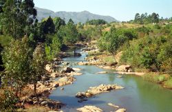 Panorama del fiume Little Usutu nello Swaziland, Africa. E' uno dei maggiori affluenti del Great Usutu. In lingua locale viene chiamato Lusushwana.

