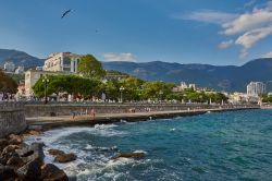 Panorama del lungomare Lenin a Jalta, Crimea. E' situata alle falde della catena montuosa meridionale che la ripara dai venti del nord. Rappresenta il più importante centro balneare ...