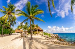 Panorama del parco di Xcaret con spiaggia e palme, Messico. Un tempo la città di Xcaret era centro dedito ai commerci e porto per la navigazione.

