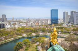 Panorama della città dal castello di Osaka con lo Shachihoko dorato, Giappone. Si tratta di una mitica creatura con la testa da drago e il corpo da pesce.
