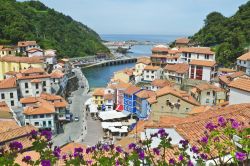 Panorama della cittadina costiera di Cudillero, Asturie, Spagna. Questo pittoresco borgo marinaro arroccato sul versante di una montagna è caratterizzato da casa dalle facciate colorate.
 ...
