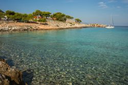 Panorama della spiaggia nei pressi della città di Scala, isola di Angistri, Grecia. In questa località sorge la maggior parte delle strutture ricettive e degli alberghi - © ...
