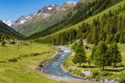 Panorama della valle Jamtal con prati verdi e un torrente di montagna: siamo nei pressi di Menta Alm, Galtur (Austria), in una giornata di sole.
