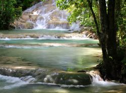Panorama delle Dunn's River Falls, Giamaica. Queste cascate, visitate da migliaia di persone ogni anno, hanno un salto complessivo di circa 200 metri e possono essere risalite a piedi dai ...