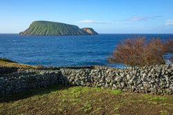 Panorama dell'isola di Terceira con i tipici muretti in pietra, Azzorre.

