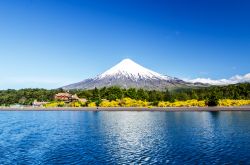 Panorama primaverile del vulcano Osorno e del lago Llanquihue, Puerto Varas, Cile.
