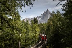 Panorama sul ghiacciaio Mer de Glace dalla stazione dei treni di Chamonix, Francia. Si tratta del più grande ghiacciaio del Monte Bianco sul versante francese.

