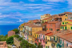 Panorama sul villaggio di Capoliveri, Isola d'Elba, Toscana. Il nome del paese ha origini nel Medioevo: Capolibero nel 1260, Capoliveri e Capolivri nel 1289 e 1291 e infine Capolivro nel ...