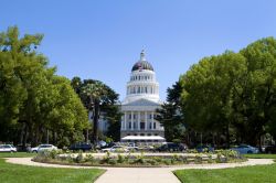 Panorama sullo State Capitol di Sacramento, California -  Aiuole fiorite e viale alberato accompagnano all'ingresso del "campidoglio" di Sacramento, sede governativa dello ...