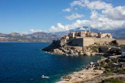 Panoramica della cittadella medievale di Calvi, Corsica. Alte falesie a picco sul mare, baie e calette sabbiose sono lo spettacolare scenario in cui sorge questa graziosa località della ...