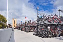 Parcheggio di biciclette alla stazione ferroviaria di Tilburg, Olanda. Questa cittadina ha recentemente vietato il parcheggio delle bici lungo le strade costruendo invece moderne aree predisposte ...