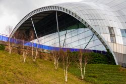 Particolare architettonico della Sage Gateshead, Newcastle upon Tyne, Inghilterra. Questo moderno edificio è un famoso centro per concerti situato sulla sponda sud del fiume Tyne. Inaugurata ...