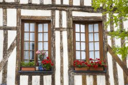 Particolare di una finestra con fiori colorati in una casa del centro di Troyes, Francia.
