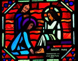 Particolare di una vetrata nella cattedrale di Amiens, Francia. In questa scena, Maria inginocchiata piange davanti a Cristo con Marta. Purtroppo gran parte delle vetrate sono andate perse in ...