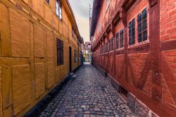 Passeggiando in un vicolo di Odense, isola di Fionia, Danimarca. Terza città più grande del paese, Odense è anche una delle località più antiche della Danimarca. ...