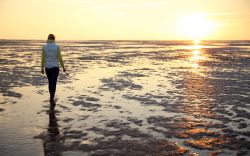 Passeggiata con la bassa marea sulla costa del Mare di Wadden, Olanda.