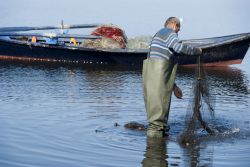 Un pescatore con le reti nel porto di Sant'Antioco ...