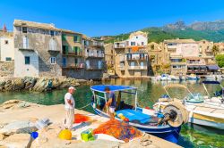 Pescatori puliscono le reti nel porticciolo di Erbalunga, Corsica, Francia. Questo piccolo villaggio dedito alla pesca si trova a Capo Corso, penisola situata nel nord est della Corsica - © ...