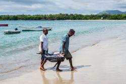 Pescatori sulla spiaggia di Tamarin Bay, Mauritius - Due pescatori mauriziani trasportano sulla spiaggia i tonni pescati durante la loro uscita in barca © byvalet / Shutterstock.com