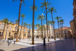 Piazza della Cattedrale a Almeria, Spagna. Impreziosito da alte palme, questo spazio urbano ospita la cattedrale cittadina, in origine una moschea poi successivamente trasformata in chiesa