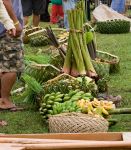 Prodotti al mercato di Alofi, isola di Niue. Banane e altri frutti tropicali in vendita in un mercatino di strada di questa città dell'Oceania.
