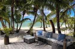 Un angolo di relax sulla spiaggia con palme alle Bahamas, Isola di Andros. Questo territorio è circondato da acque cristalline che si mantengono a una temperatura di 27 gradi centigradi ...
