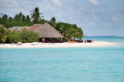 Un resort turistico con le tipiche costruzioni a capanna dal tetto di foglie doi palma, su un'isola dell'Atollo di Malé Nord, Maldive - foto © Shutterstock.com