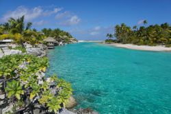 Uno scorcio del canale fra le isole dell'atollo di Tikehau (Tuamotu). Sul lato sinistro, le lussuose capanne di un resort.



