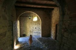 Scorcio di un vicolo all'interno delle mura di Montefioralle, vicino a Firenze, Toscana.
